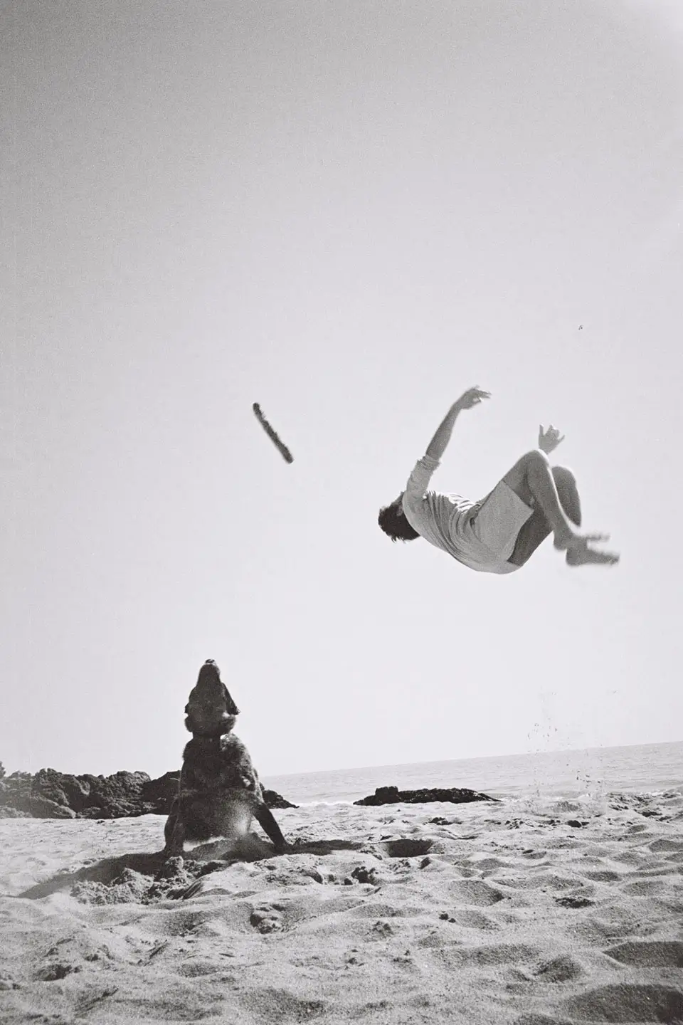 Person mid-backflip on sandy beach while dog looks up at a stick in the air.