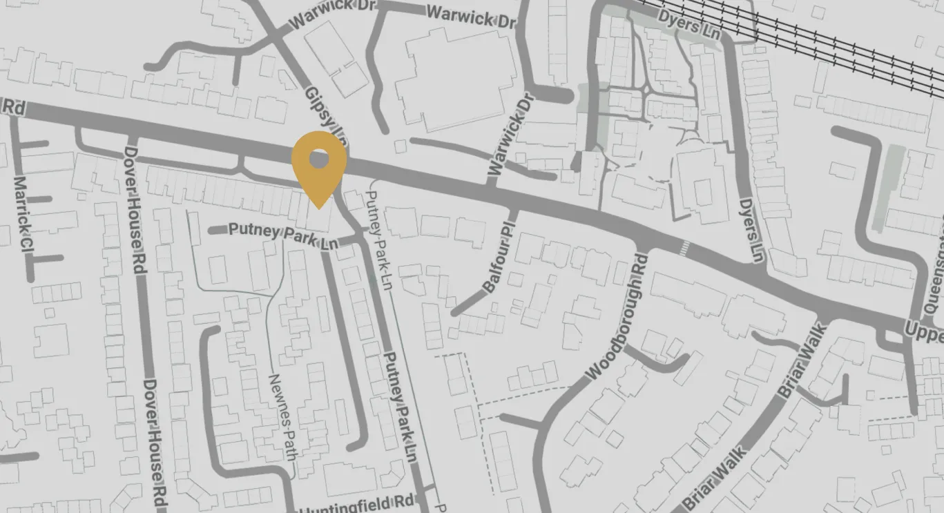 Map highlighting a location near the intersection of Gipsy Ln and Putney Park Ln with surrounding streets labeled.