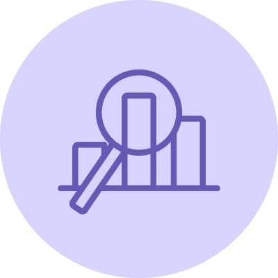 Data analytics icon showing a magnifying glass over a growth chart for business insights.