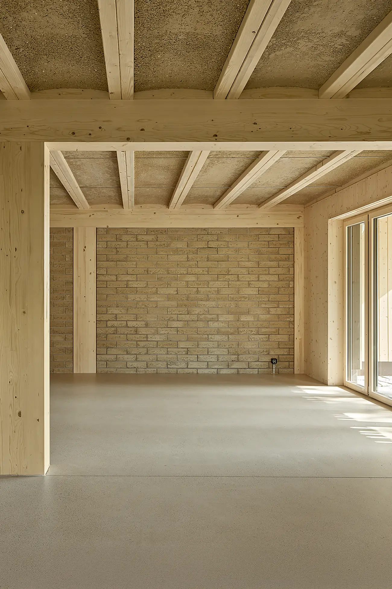 Minimalistischer Innenraum mit Holz-Lehm-Decke von Rematter, Holzträgern und Lehmziegelwänden, natürlichem Lichteinfall durch Fensterfront. Architektur von jomini zimmermann.