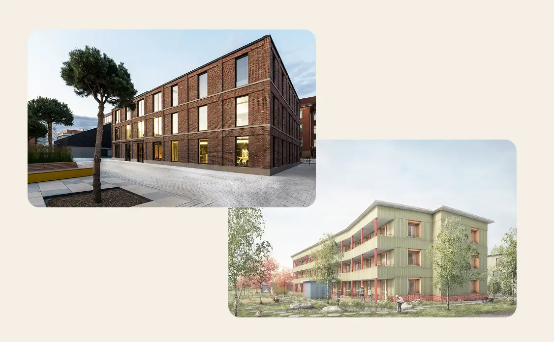 Zwei moderne Gebäude: eines aus rotem Backstein mit großen Fenstern und Baum davor, das andere ein grünes dreistöckiges Gebäude mit roten Balkonstützen und umliegendem Garten.