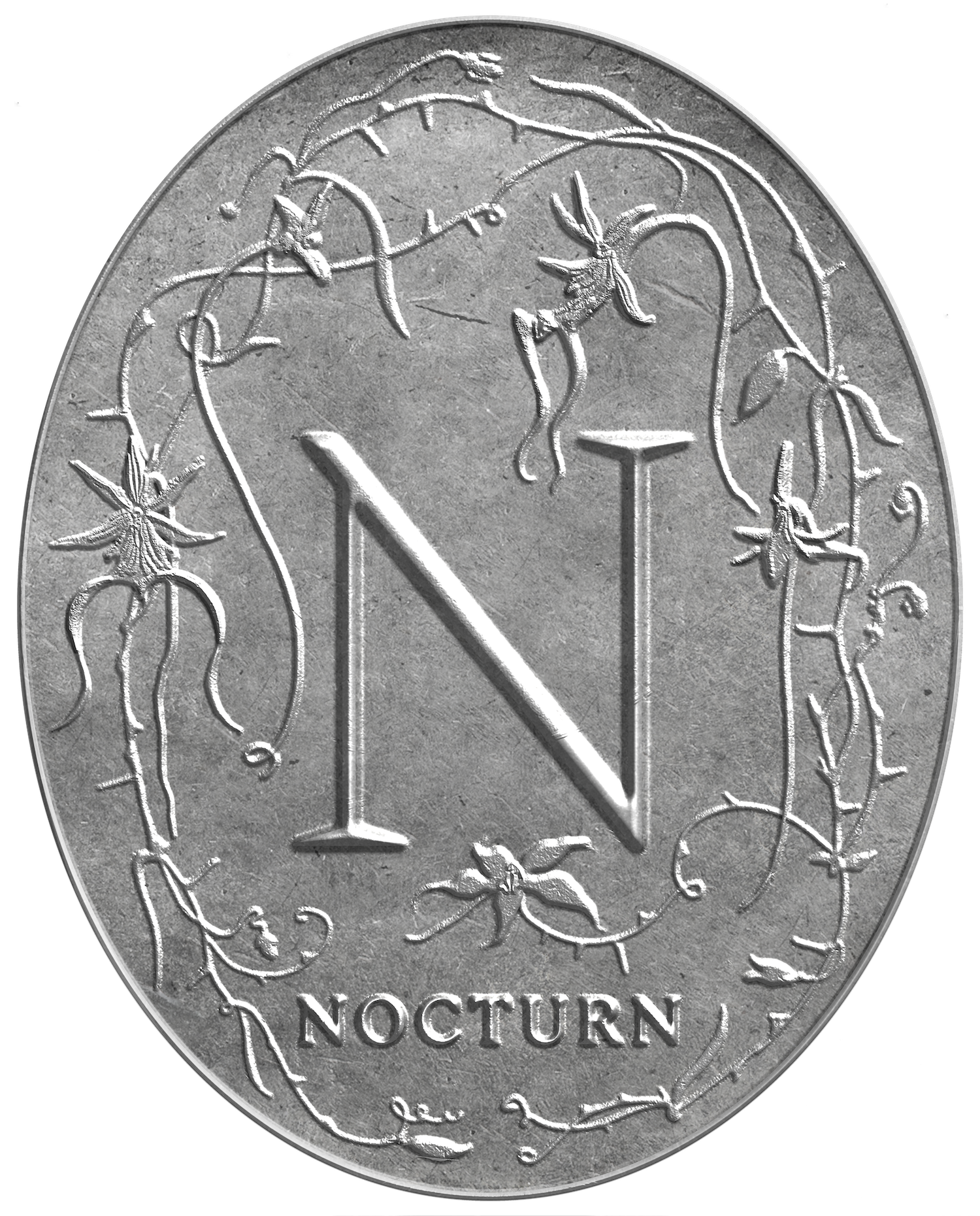 Silver coin with large letter 'N' in the center surrounded by decorative floral vines and the word 'NOCTURN' below.