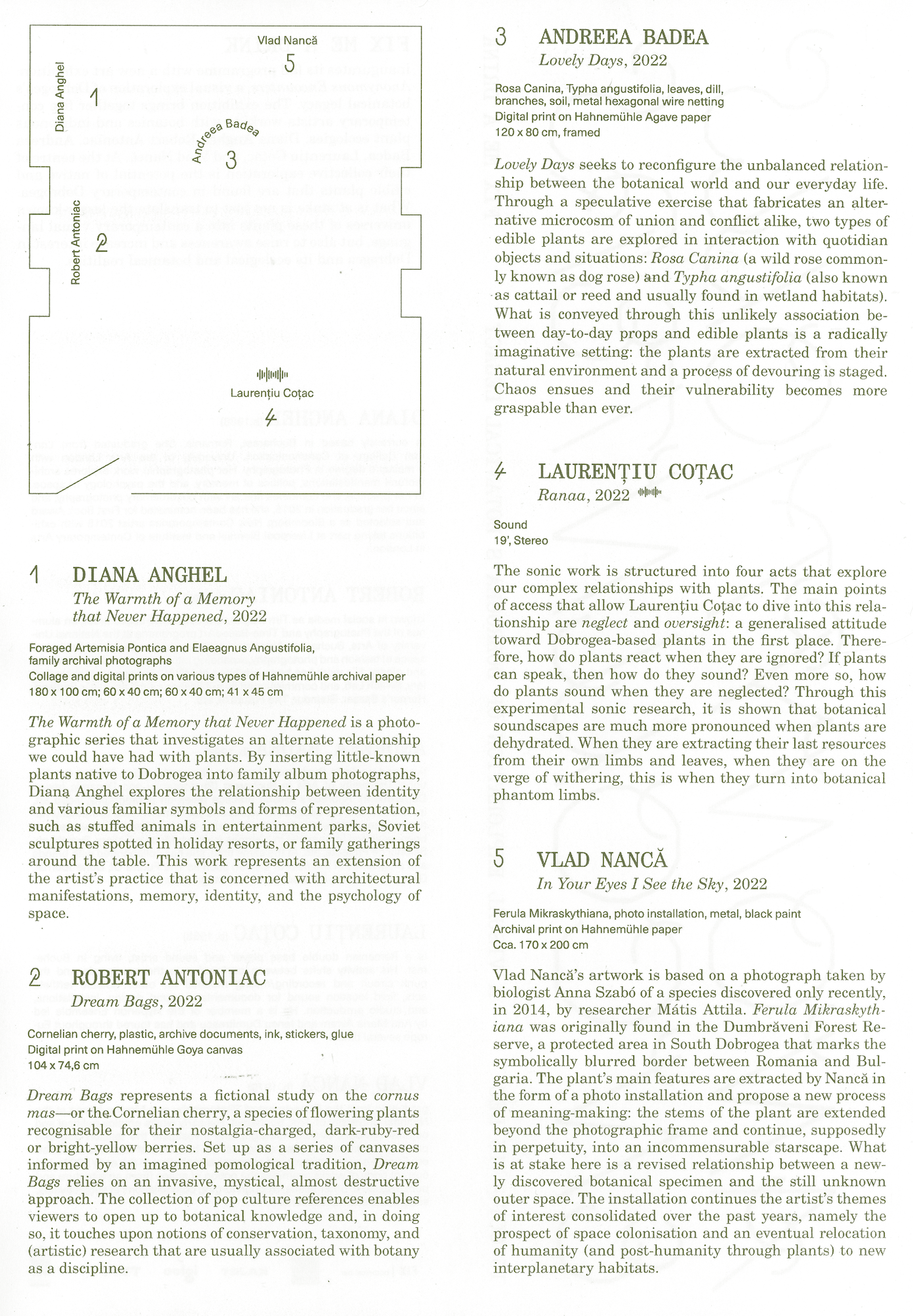 Exhibition layout plan with numbered sections for artists alongside detailed descriptions of their 2022 artworks exploring themes of plants, memory, and human relationships.