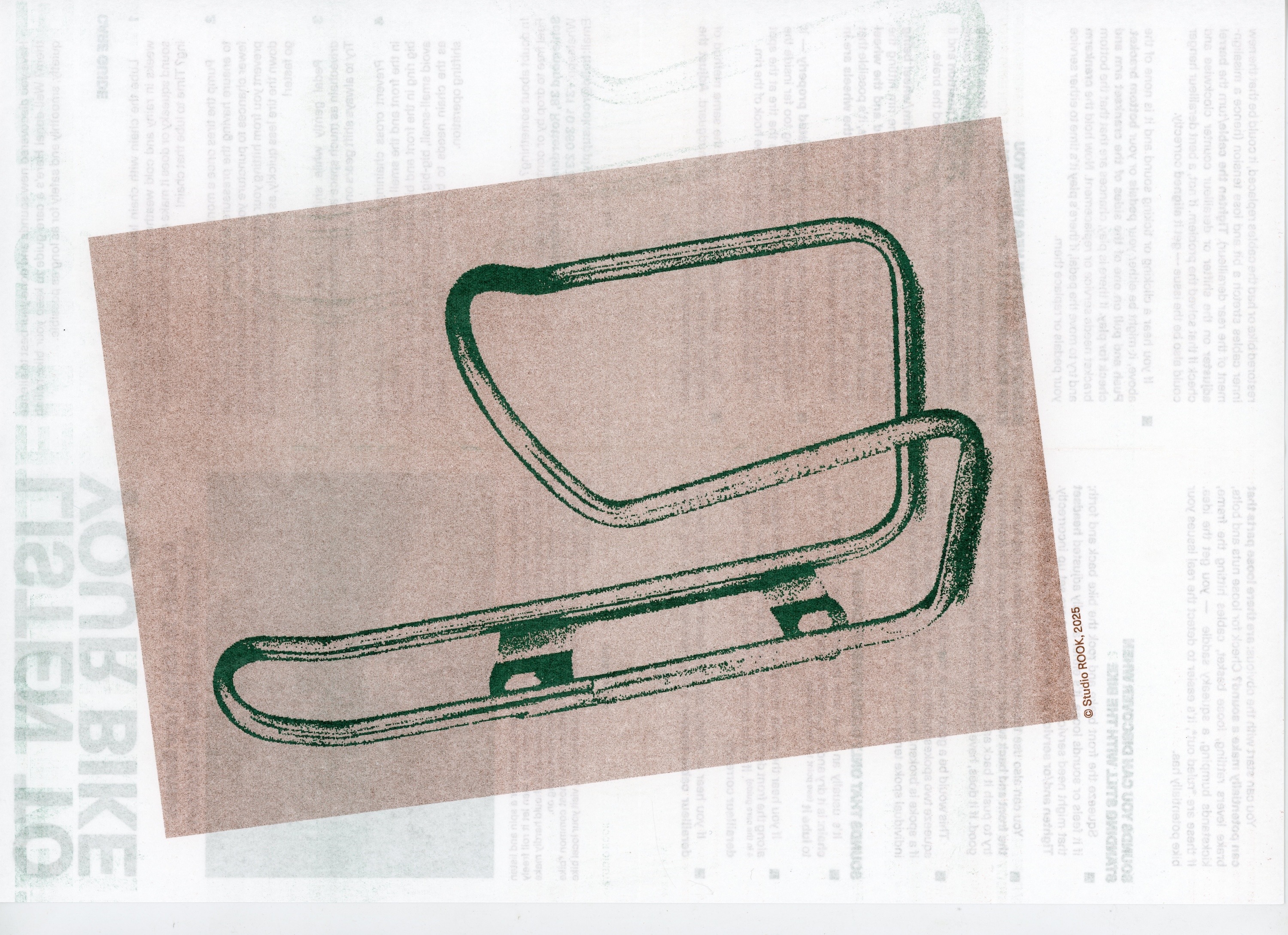 Stylized green outline illustration of a bicycle rack on a brown background, overlaid on faint text.