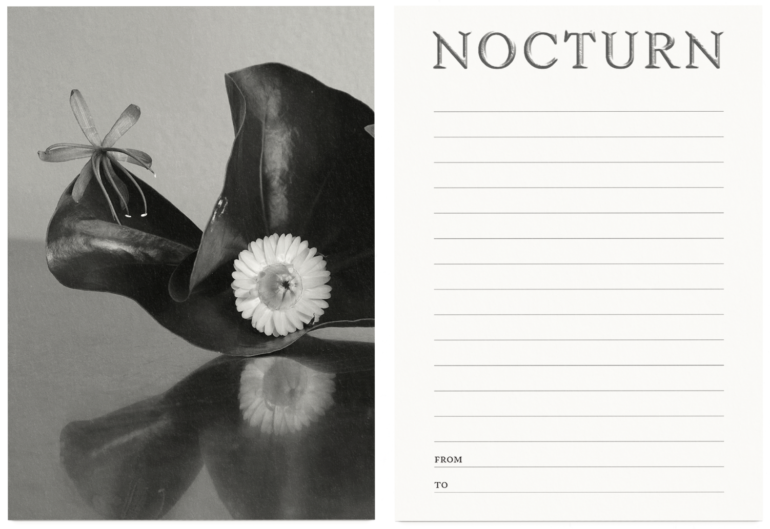 Black and white photo of a flower arrangement with a daisy and curled large dark leaves reflected on a glossy surface next to a lined note page titled 'NOCTURN' with 'FROM' and 'TO' fields at the bottom.