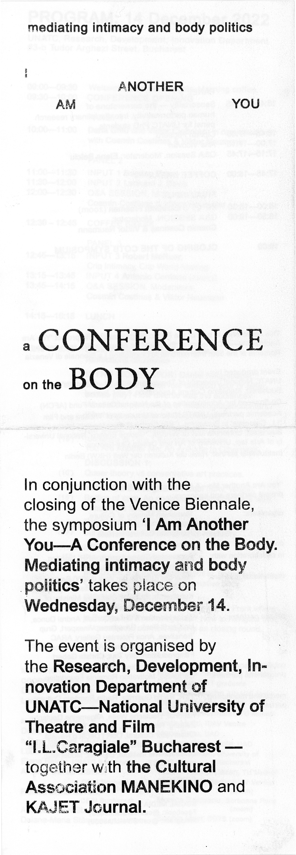 Flyer for symposium ‘I Am Another You—A Conference on the Body. Mediating intimacy and body politics’.