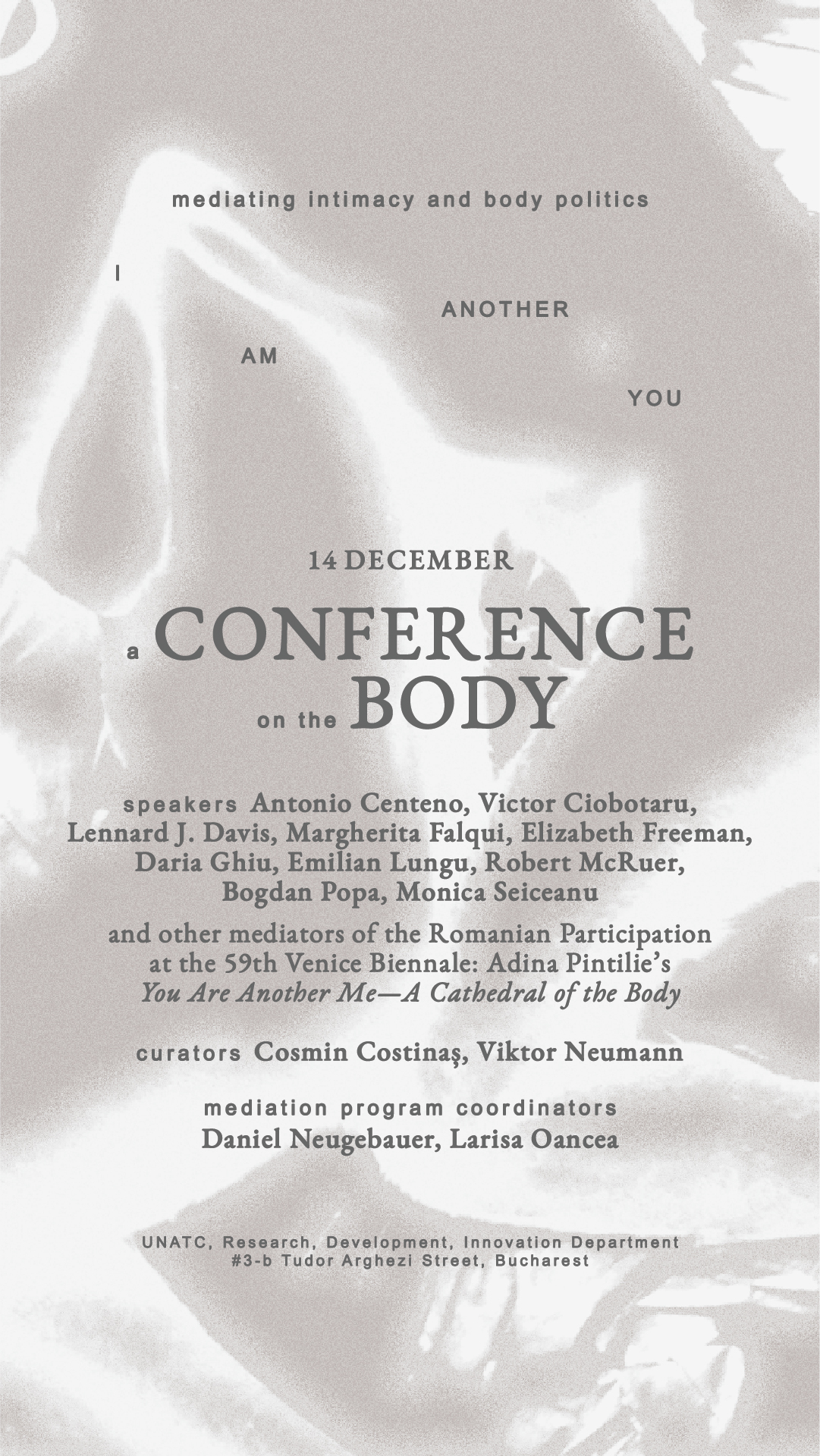 Poster for a conference titled 'Body' on December 14 featuring speakers, curators, and coordinators, with a monochrome abstract background.