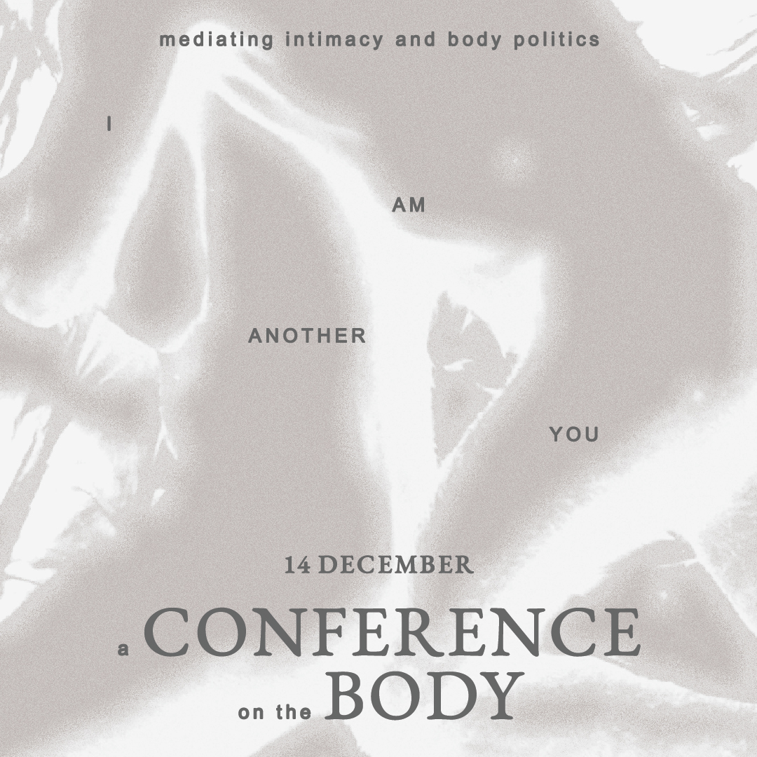 Abstract artistic image of intertwined bodies with text overlay about a conference on body politics and intimacy on December 14.