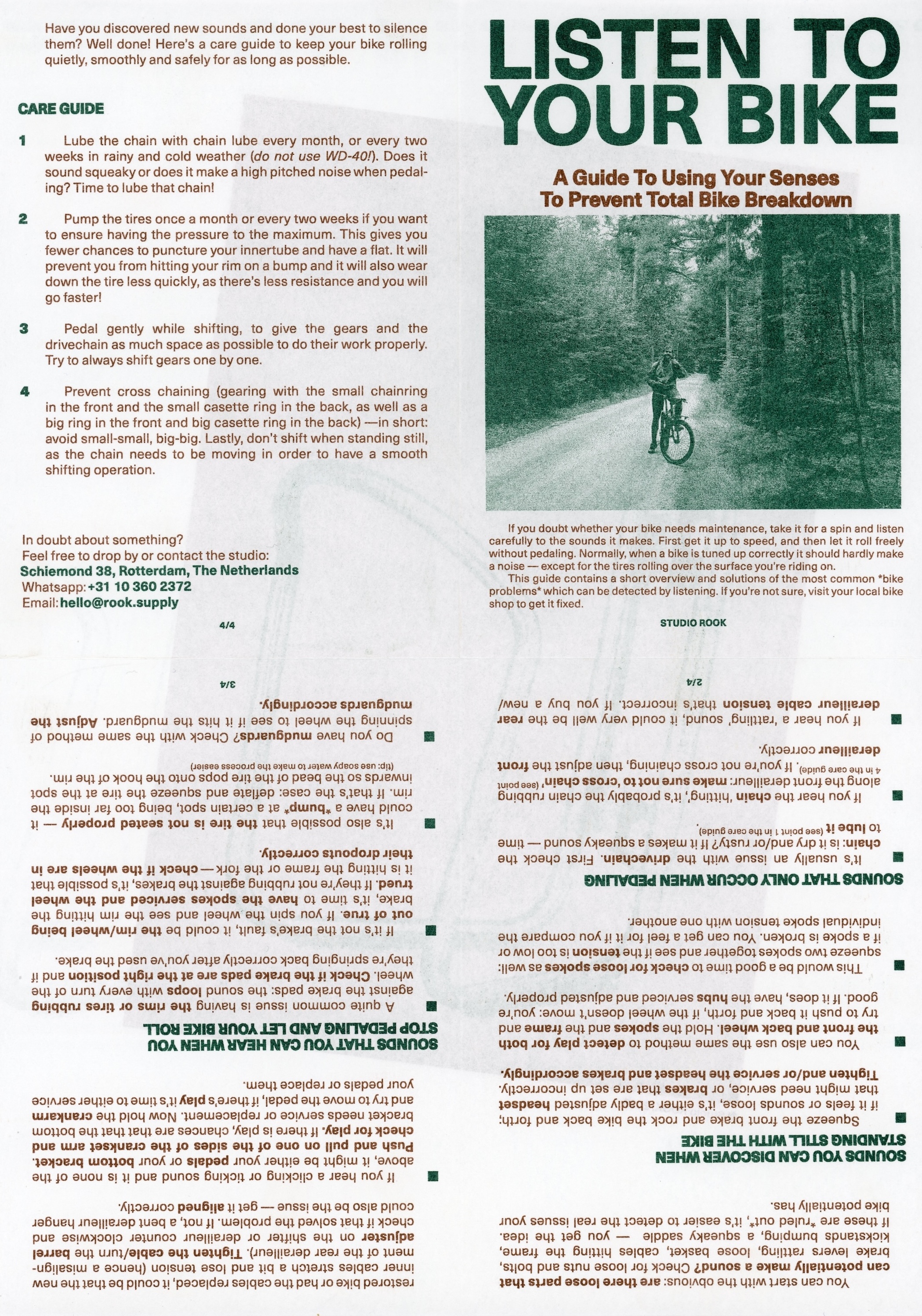 Informational guide titled 'Listen to Your Bike' with tips on using sounds to detect bike problems and a care guide for maintenance.