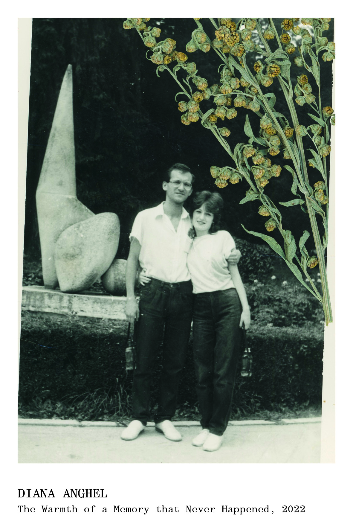 Black and white photo of a man and woman standing side by side with arms around each other, holding bottles, with a large abstract sculpture and greenery in the background, and a dried yellow flower overlay on the top right.