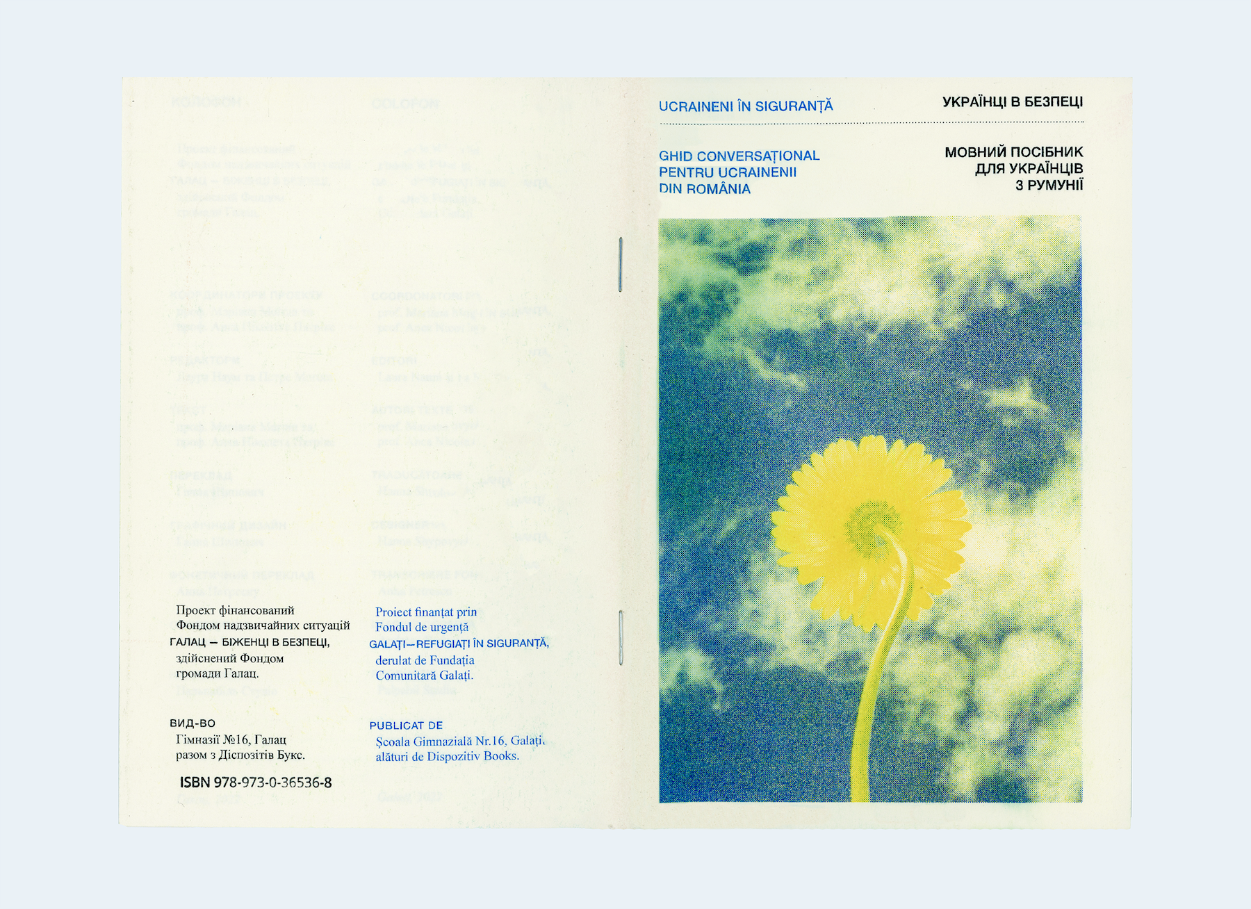 Cover of a bilingual guide for Ukrainians in Romania with a yellow flower against a cloudy sky background.