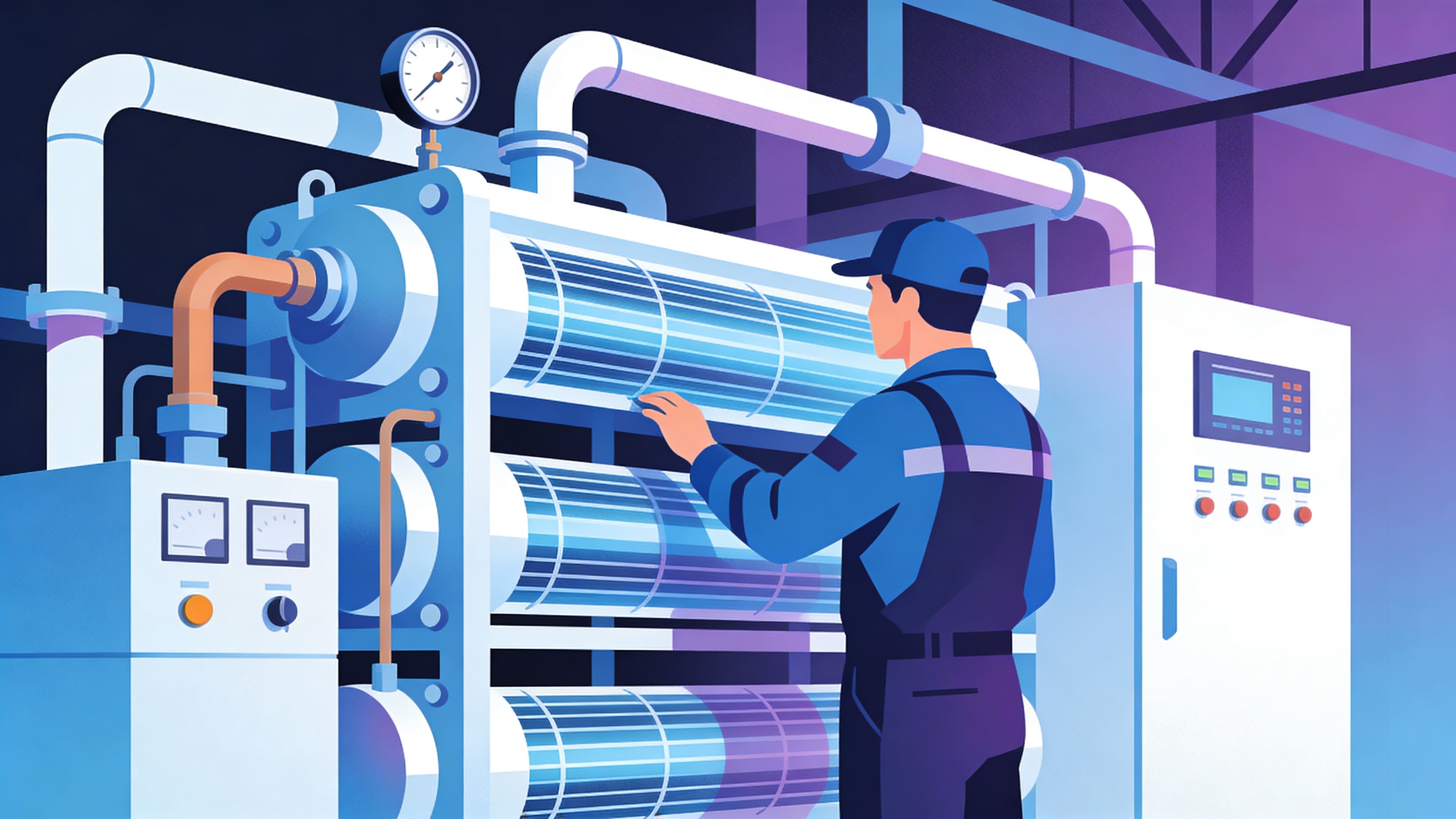 Technicien frigoriste intervenant sur un groupe de froid industriel dans une salle des machines