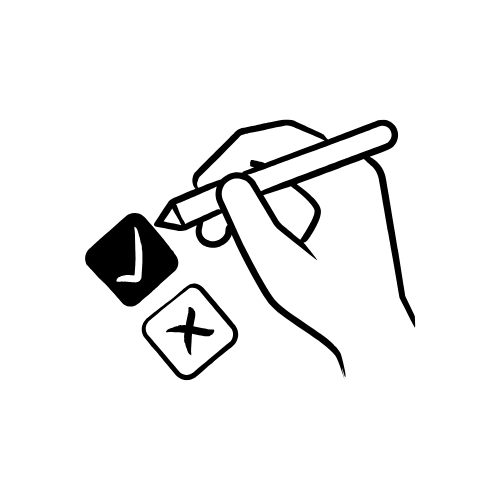 Icône d’une main dessinant une coche et une croix, symbolisant la validation, la prise de décision et l’expertise technique en architecture.