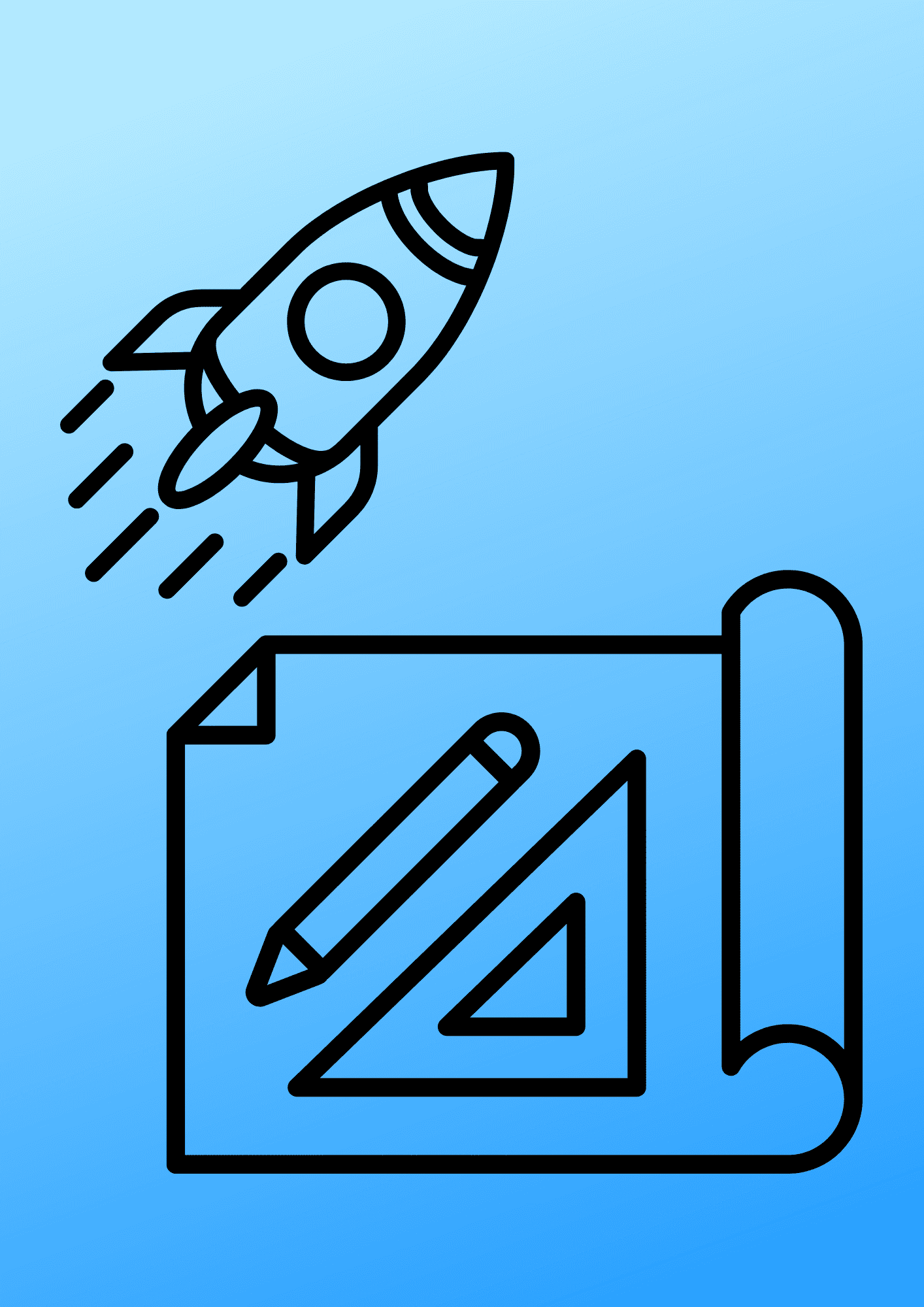 Icône de plan d’architecte avec fusée, crayon et équerre, représentant la conception, la créativité et le lancement de projets architecturaux.