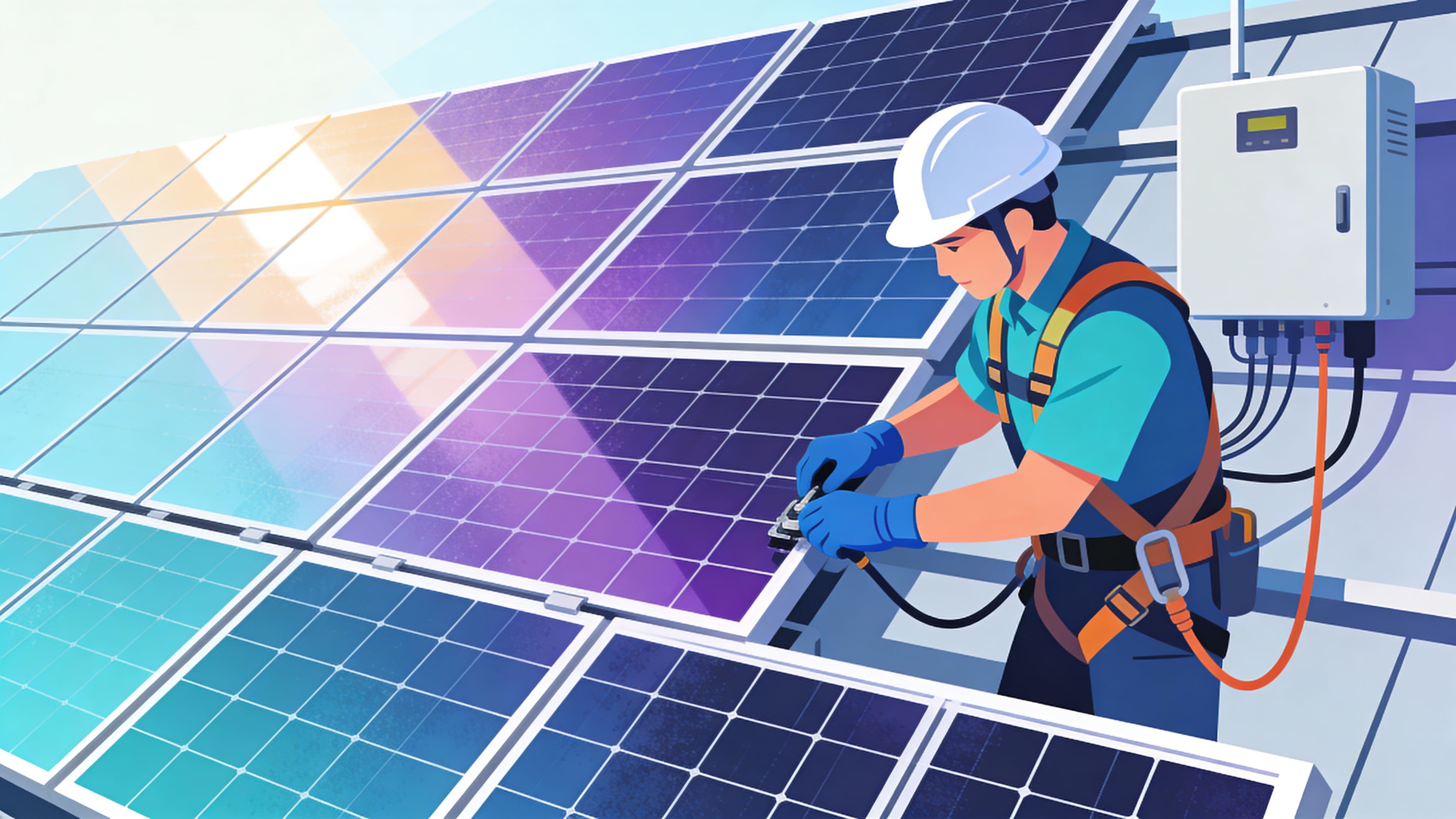 Technicien photovoltaïque réalisant l’installation et la maintenance de panneaux solaires sur une centrale solaire.