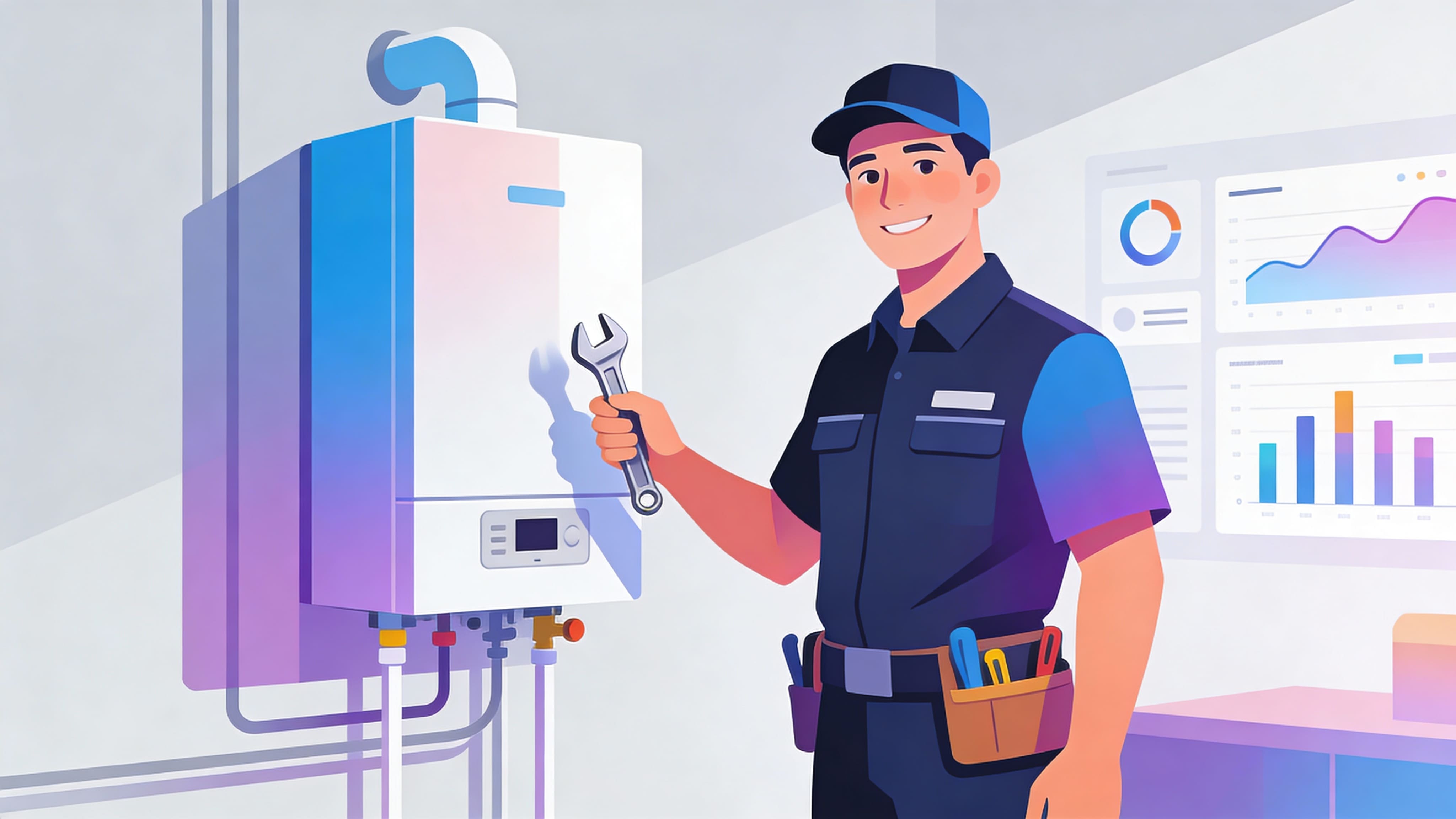 Chauffagiste effectuant la maintenance d’une chaudière murale dans un local technique, suivi des performances avec XT-ERP