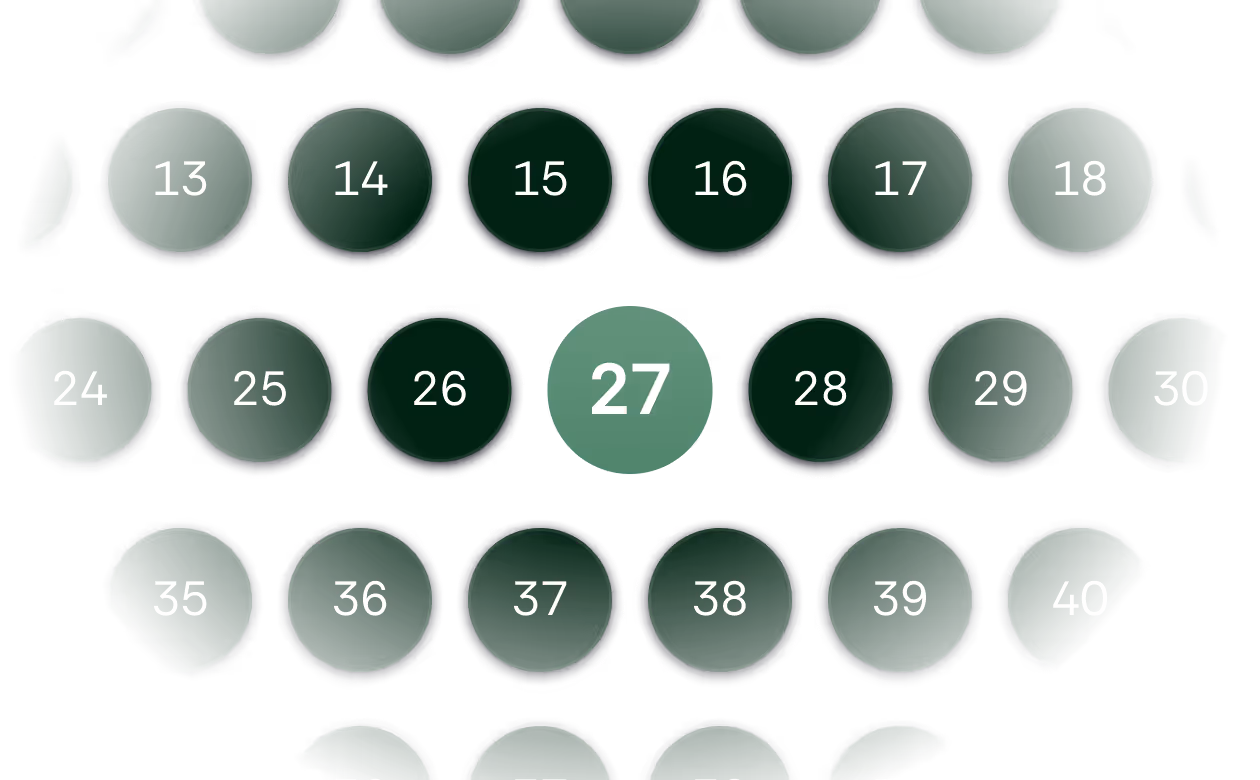 Circular grid of numbered dark green buttons with number 27 highlighted in lighter green.
