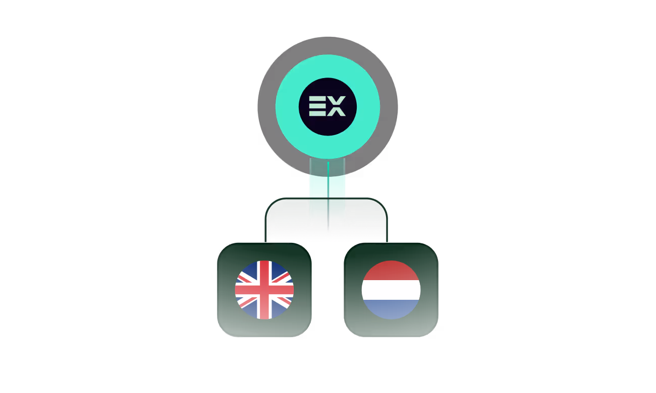 A digital interface with a circular icon labeled 'EX' connected by a line to two square buttons displaying the UK and Dutch flags.
