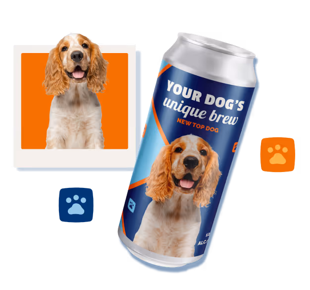 NEW Top Dog header - Image of dog in a polaroid with a floating beer can with the dog on it and two icons with paws
