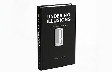 Black hardcover book titled 'Under No Illusions' by Cahl Larkin featuring an illustration of a partially open door.