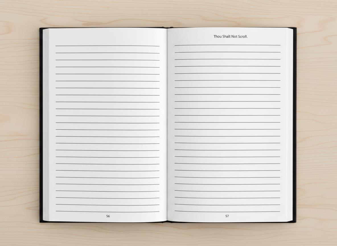 Open notebook on a wooden surface showing two blank lined pages numbered 56 and 57 with the text 'Thou Shalt Not Scroll.' at the top right page.