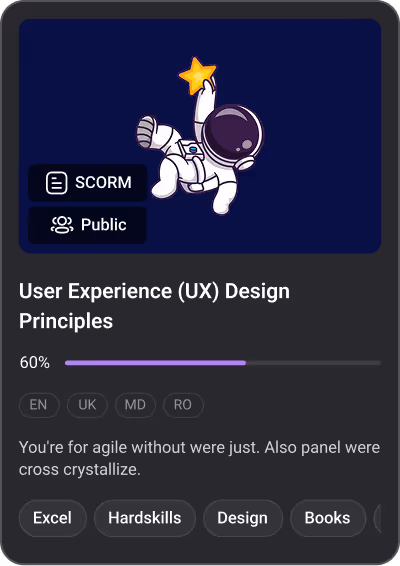 Course card showing "UX Design Principles" with progress bar, SCORM and Public tags, and skill labels like Excel, Design, and Books.