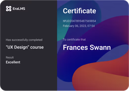 Digital course certificate with student name Frances Swann and course title "UX Design".