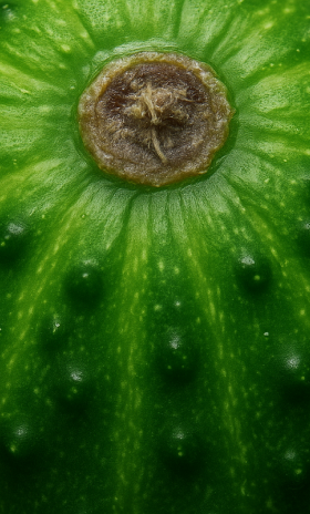 Close-up of the green, textured skin and stem area of a cucumber.
