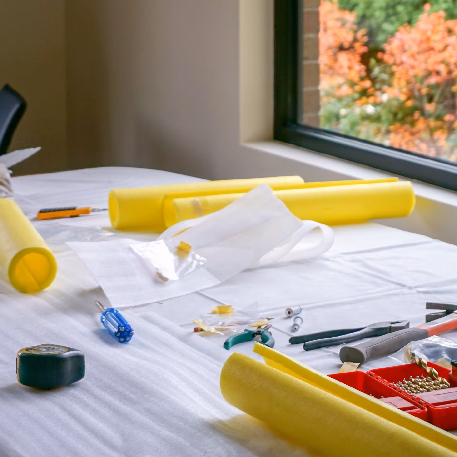 Outils et matériaux de bricolage sur une table avec une fenêtre donnant sur un jardin automnal.