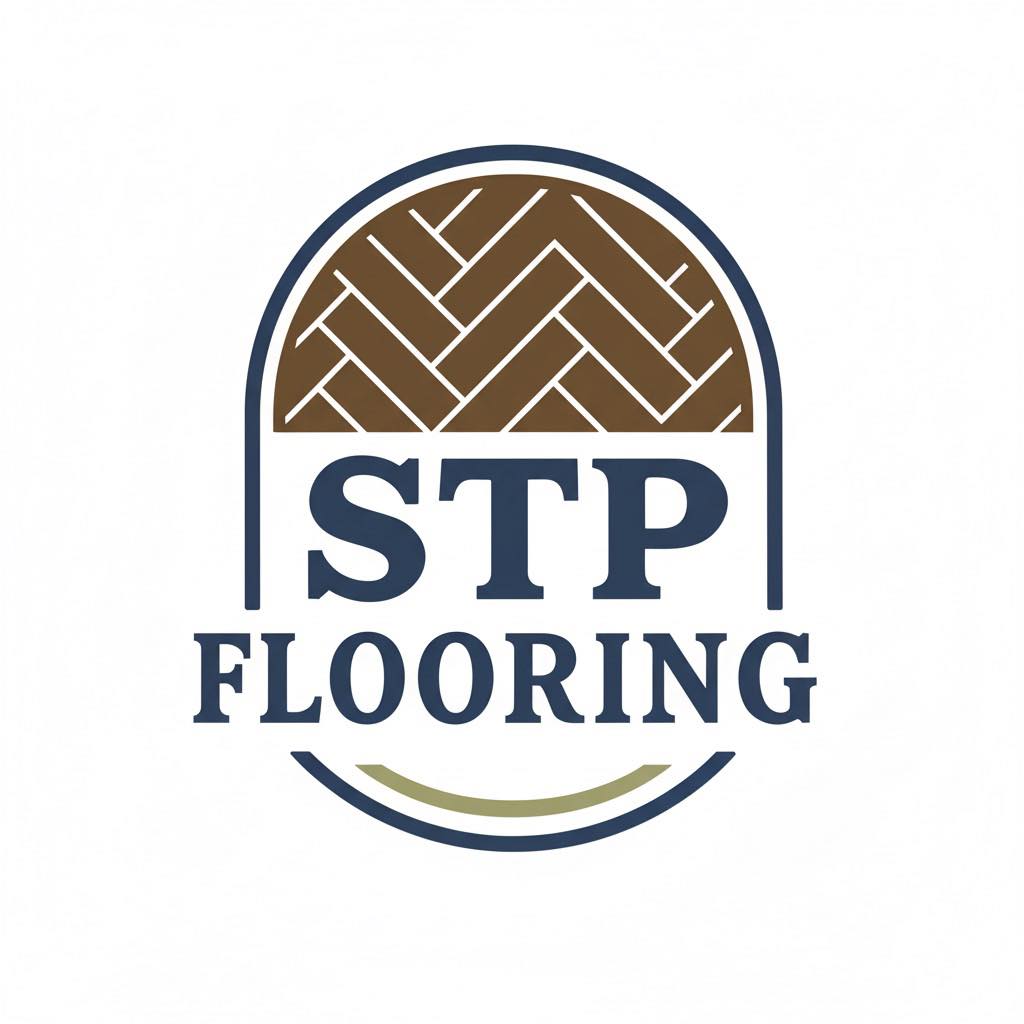 STP Flooring logo featuring text below a semi-circle with a brown herringbone pattern.