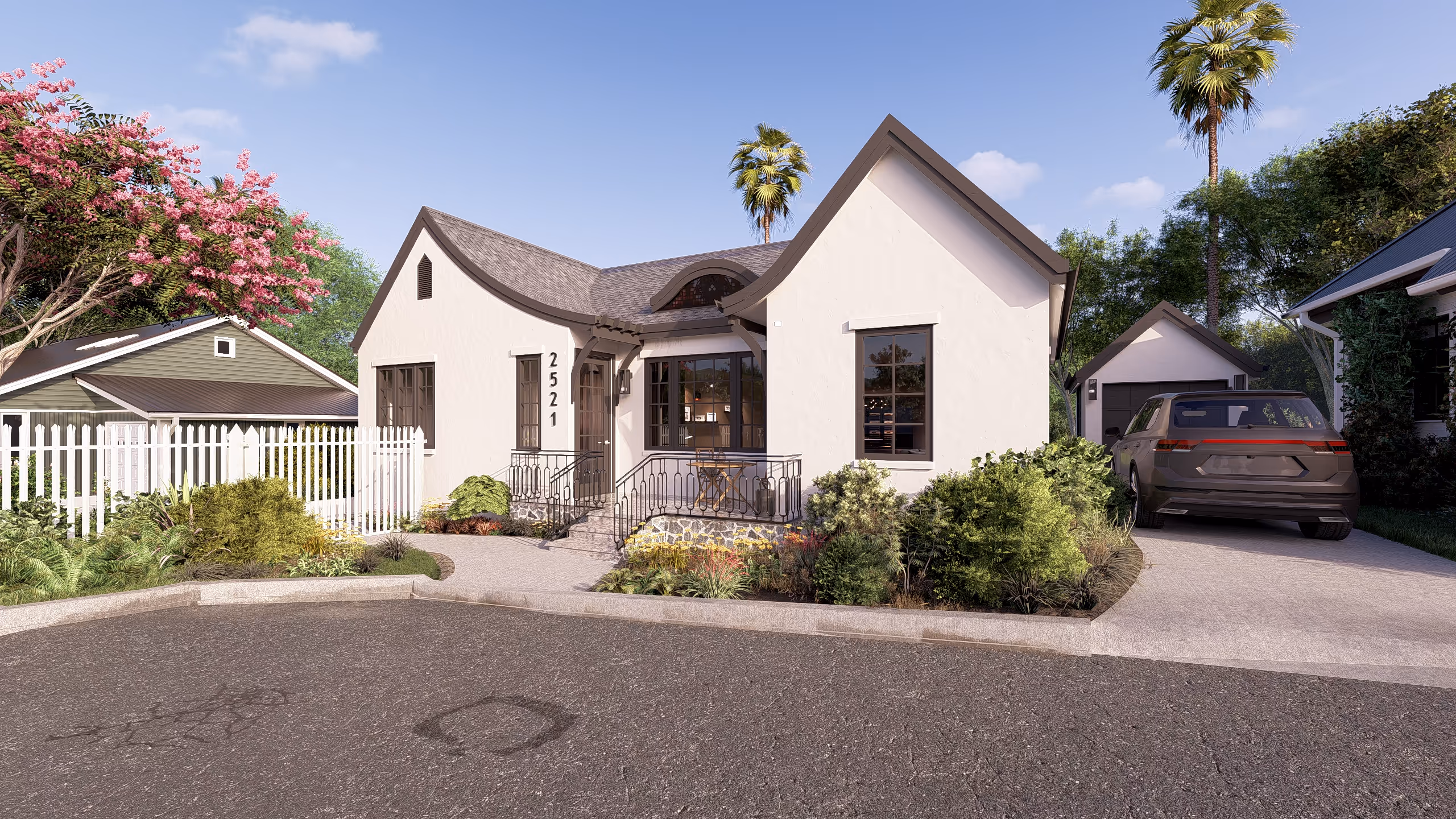 White single-story house with curved roof edges, black-framed windows, small front porch with railing, garden landscaping, and parked car next to a detached garage.