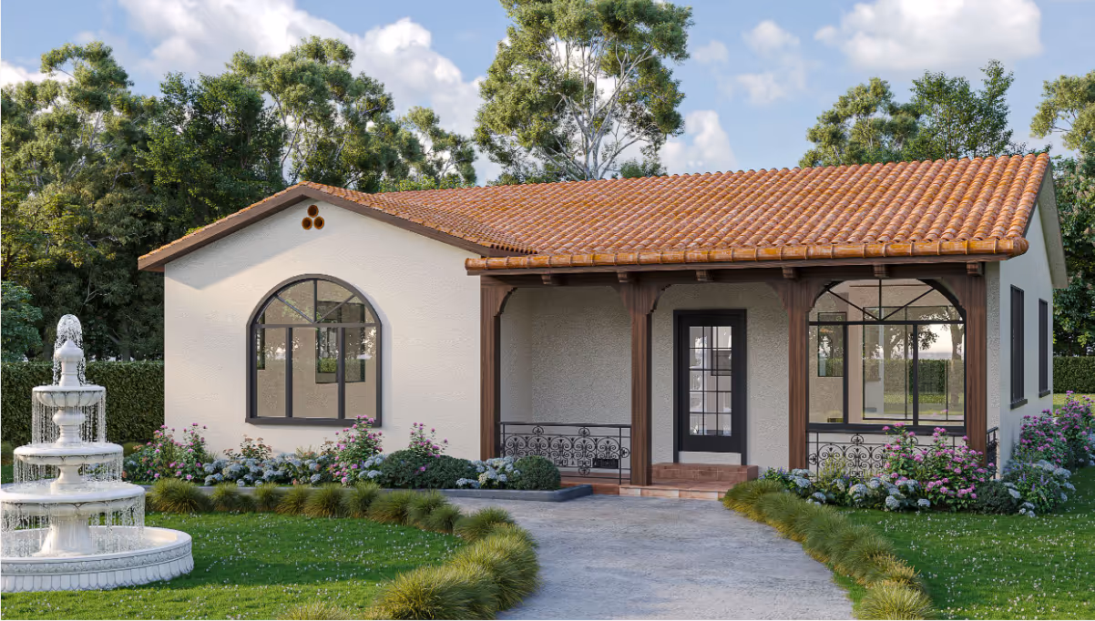 Single-story house with terracotta roof, arched windows, front porch, garden, and a tiered water fountain.