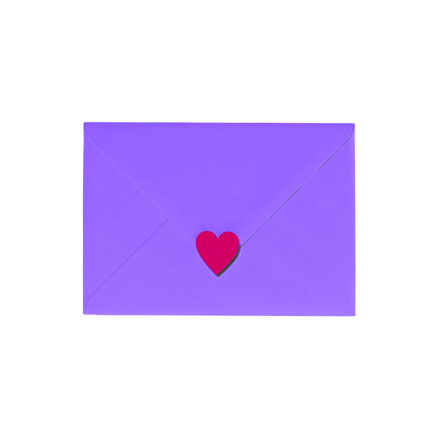 Purple envelope sealed with a red heart-shaped sticker.