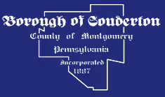 Seal of Borough of Souderton, Montgomery County, Pennsylvania, incorporated in 1887, in white Gothic text on dark blue background.