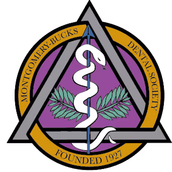 Logo of Montgomery-Bucks Dental Society featuring a snake around a staff and green leaves.