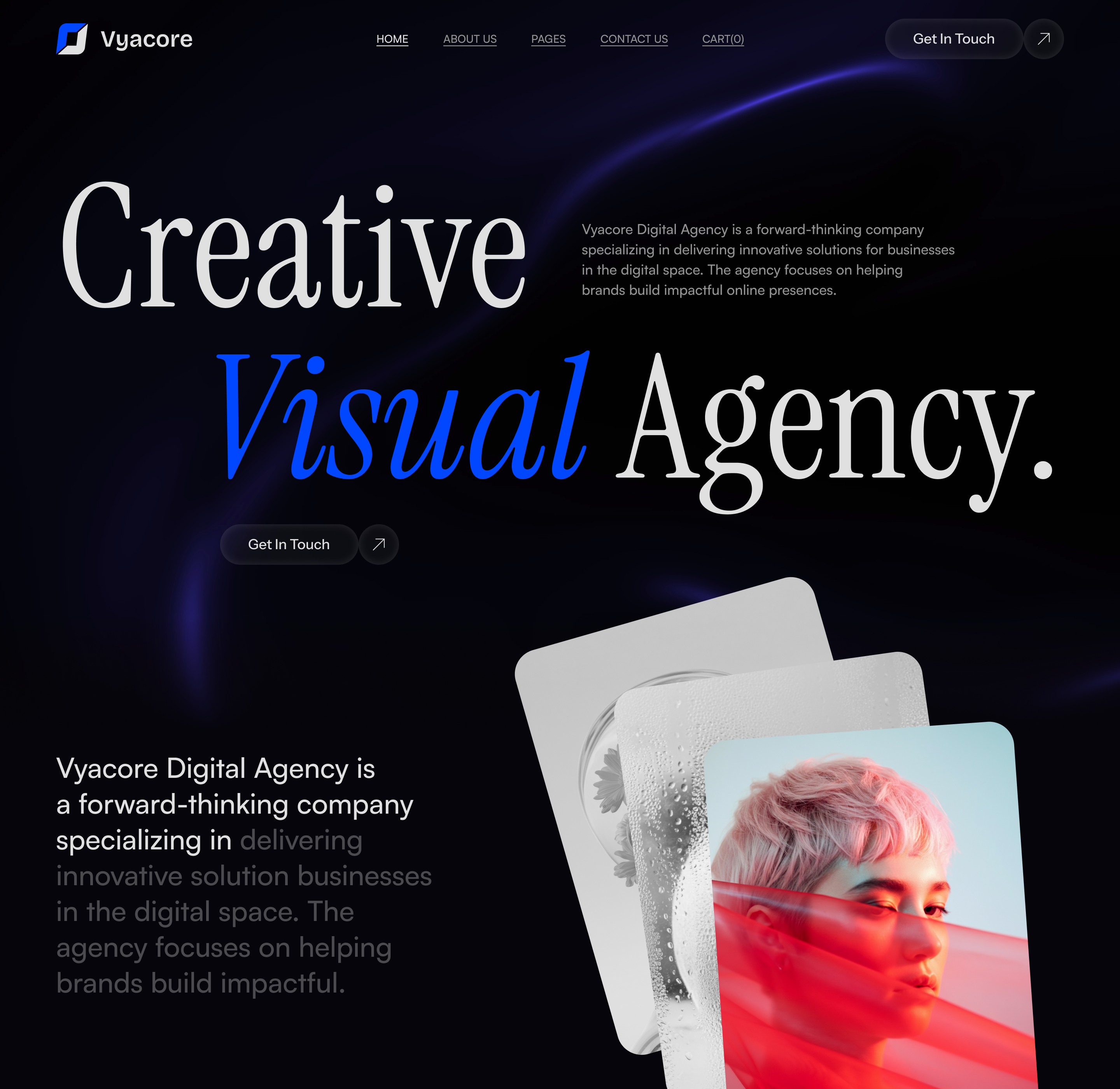 Homepage of Vyacore Digital Agency with text 'Creative Visual Agency' and image of a person with short hair partially covered in red translucent fabric.