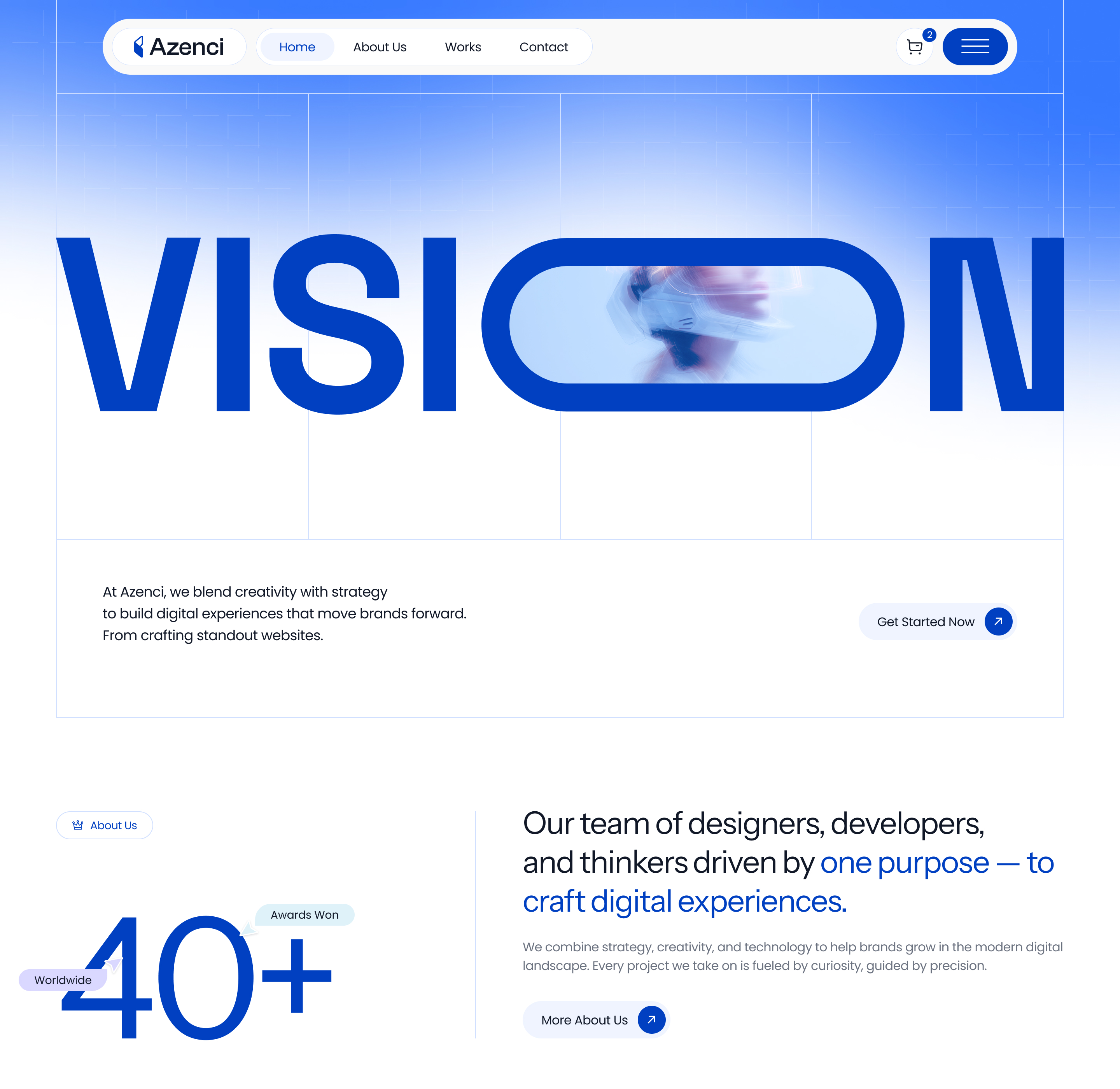 Website homepage for Azenci featuring a blue-themed header with the word 'VISION' and a blurred image within the letter O, navigation bar, company mission on crafting digital experiences, stats highlighting 40+ awards worldwide, 95% client satisfaction, and 125+ projects in 24 countries.