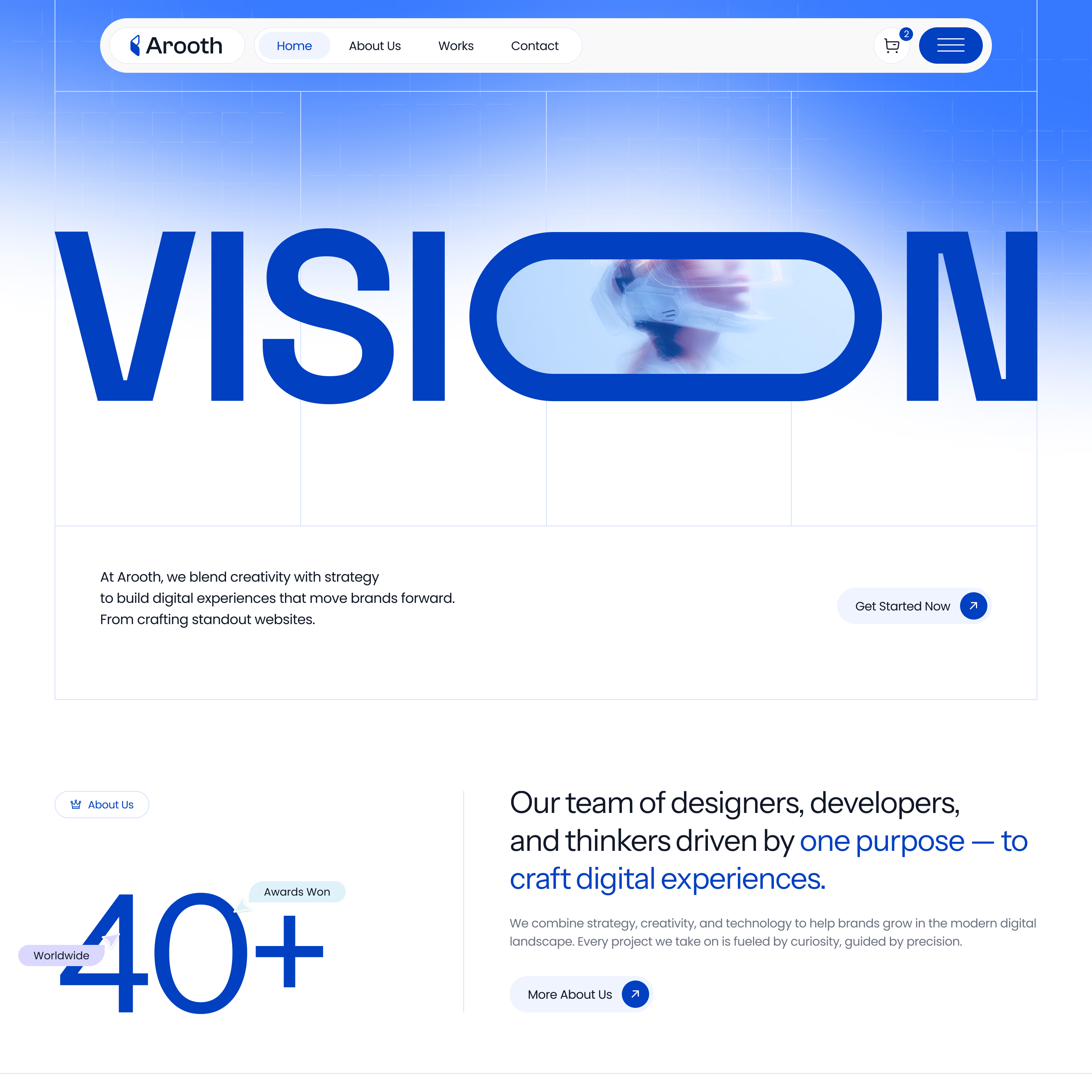 Website homepage for Azenci featuring a blue-themed header with the word 'VISION' and a blurred image within the letter O, navigation bar, company mission on crafting digital experiences, stats highlighting 40+ awards worldwide, 95% client satisfaction, and 125+ projects in 24 countries.