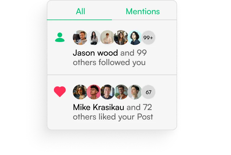 Notification panel showing Jason Wood and 99 others followed you, and Mike Krasikau and 72 others liked your post, with profile pictures and icons for followers and likes.