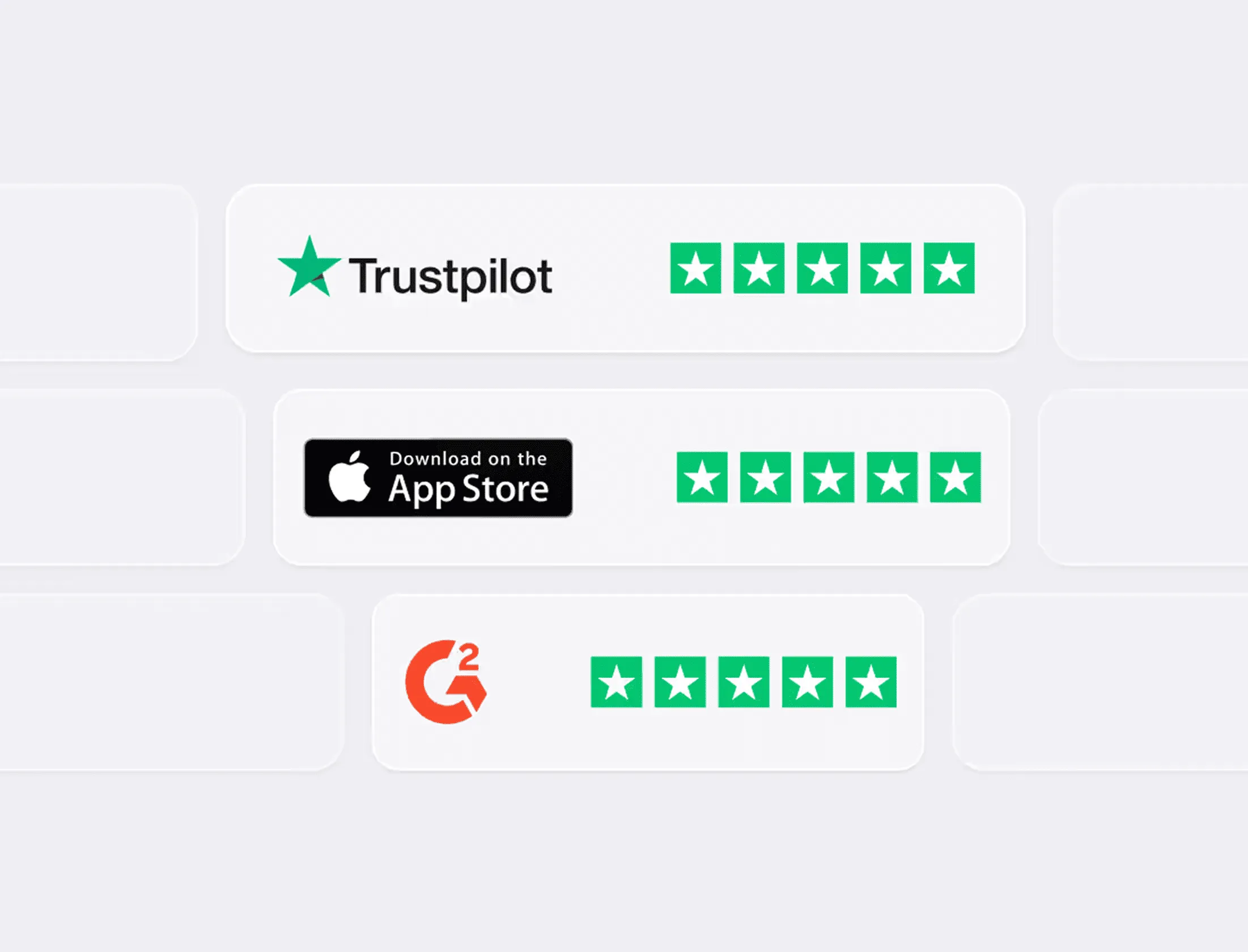 Ratings with five green stars beside Trustpilot logo, App Store download button, and G2 logo.