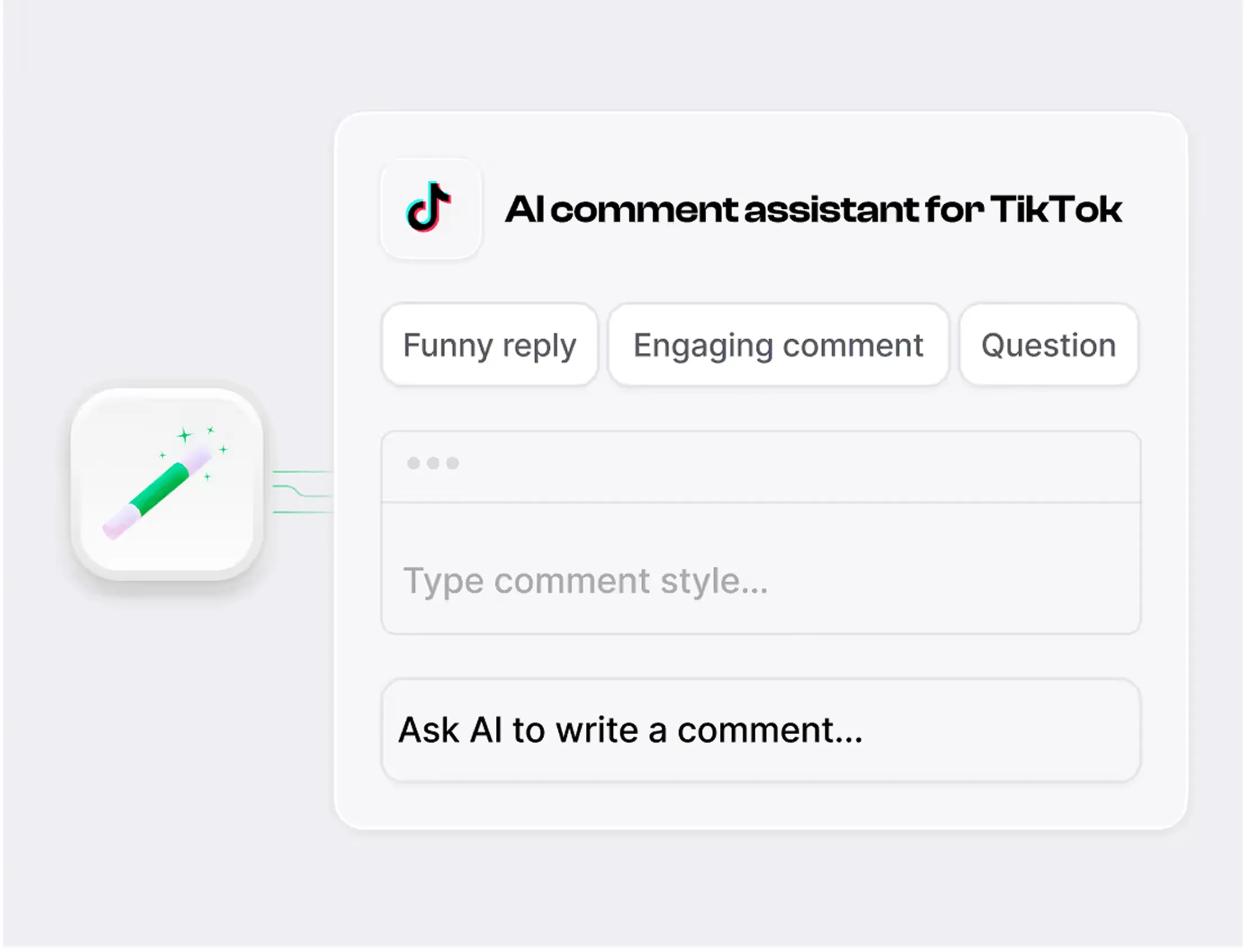 Interface of an AI comment assistant for TikTok with options for funny reply, engaging comment, and question, plus a text box to type comment style or ask AI to write a comment.