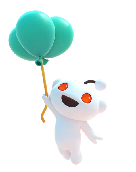 The Reddit mascot holding three teal balloons and smiling joyfully.