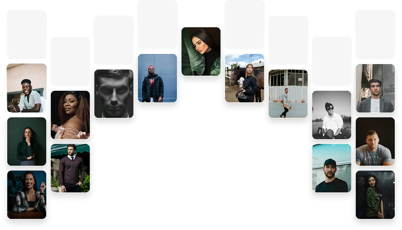 Collage of diverse young adults in various settings, arranged in an arch with smiling and neutral expressions.