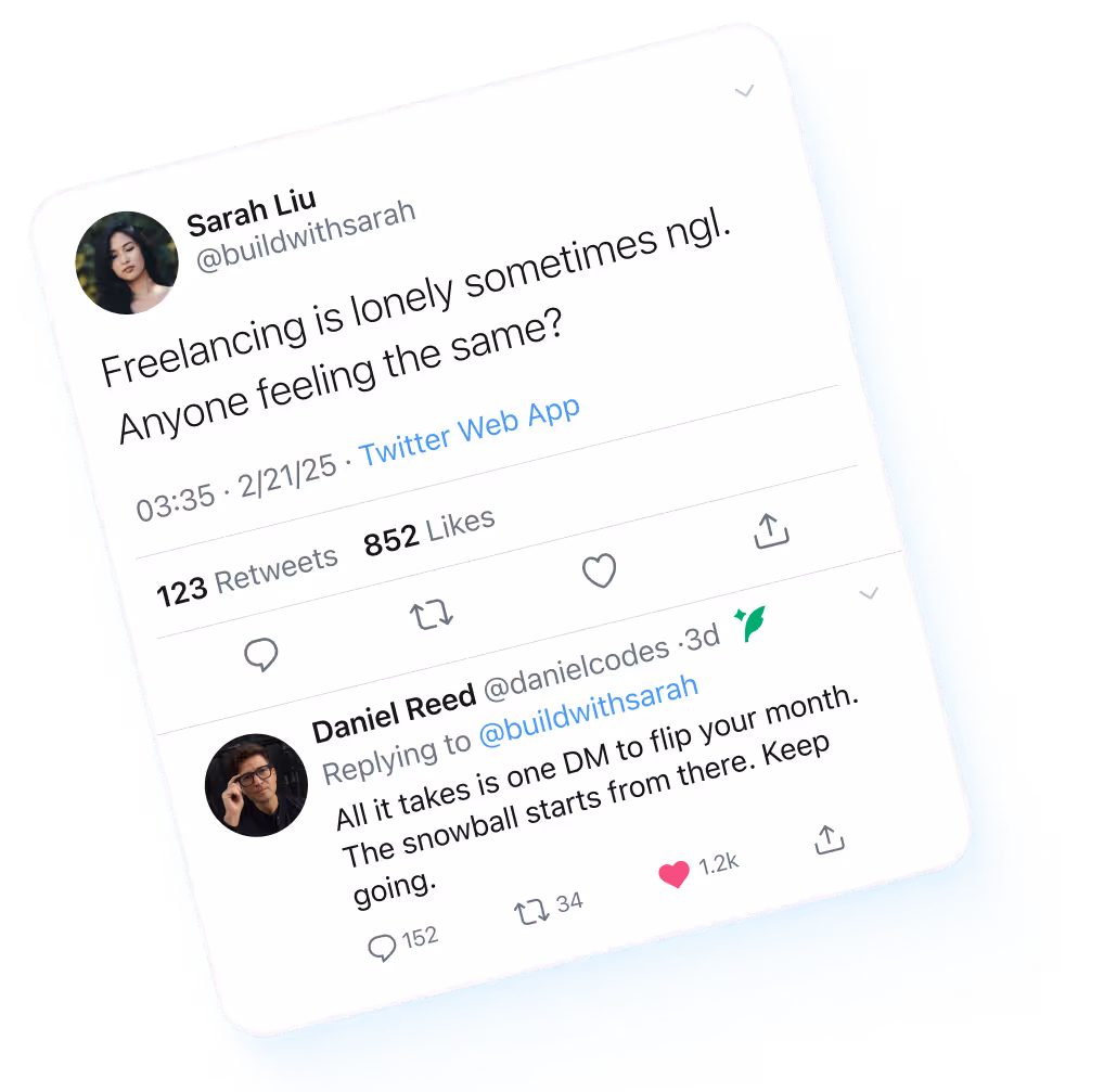 Tweet by Sarah Liu asking if anyone else feels lonely freelancing, with a reply from Daniel Reed encouraging to send one DM to change the situation.