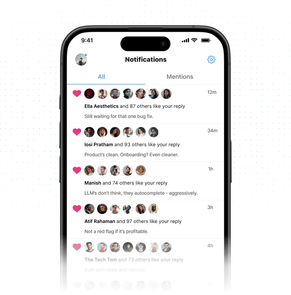 Smartphone screen displaying notifications with likes and replies from users including Ella Aesthetics, Iosi Pratham, Manish, Atif Rahaman, and The Tech Tom, showing time stamps from 12 minutes to 4 hours ago.