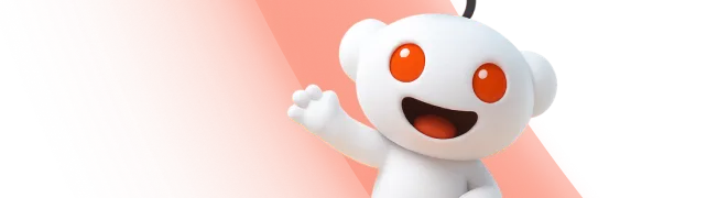 Reddit alien mascot with orange eyes and antenna waving on an orange gradient background.