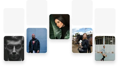 Collage of five diverse portraits featuring two men, two women, and one person in a lively pose outdoors.