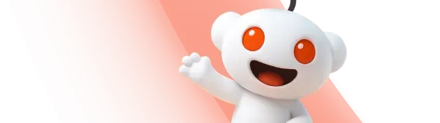 Reddit mascot with orange eyes and a smile waving against an orange background.