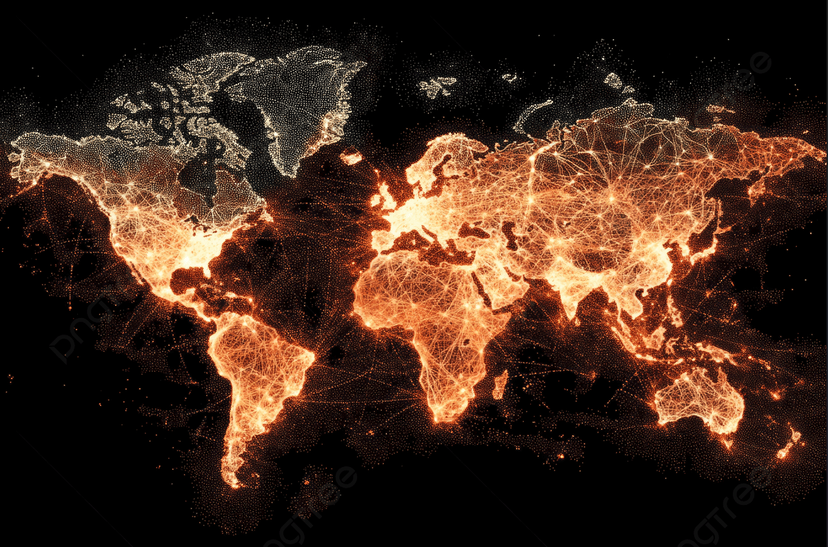 World map with illuminated orange and yellow lines and dots representing global network connectivity.