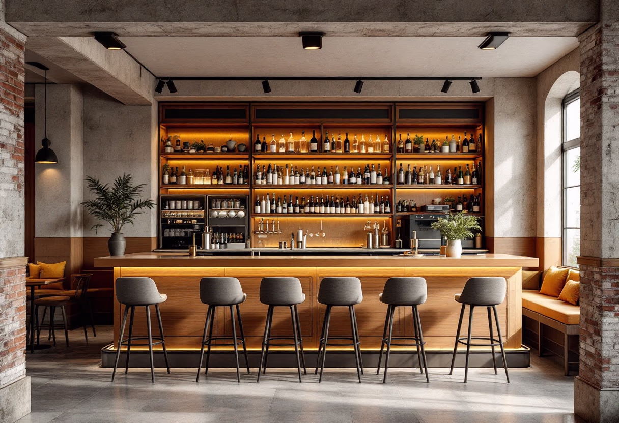 Custom bar interior with wood bar counter, upholstered bar stools, backlit shelving, and warm ambient lighting